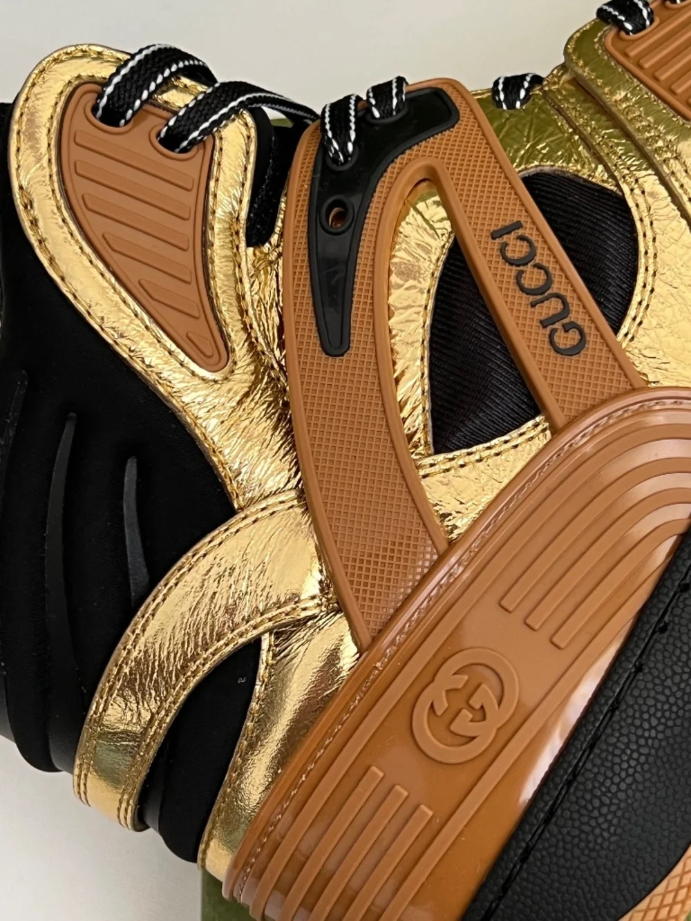Gucci Men's Sneakers Basket Gold Black High Top Lace up Size 12 US 13 Runway New